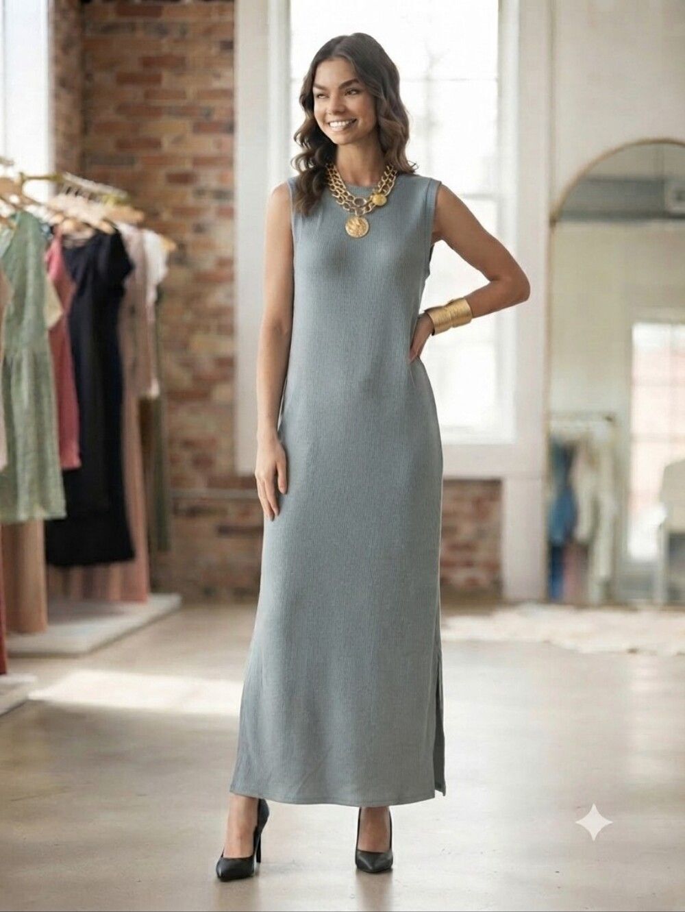 Sleeveless Dust Blue Maxi Dress with Side Slit